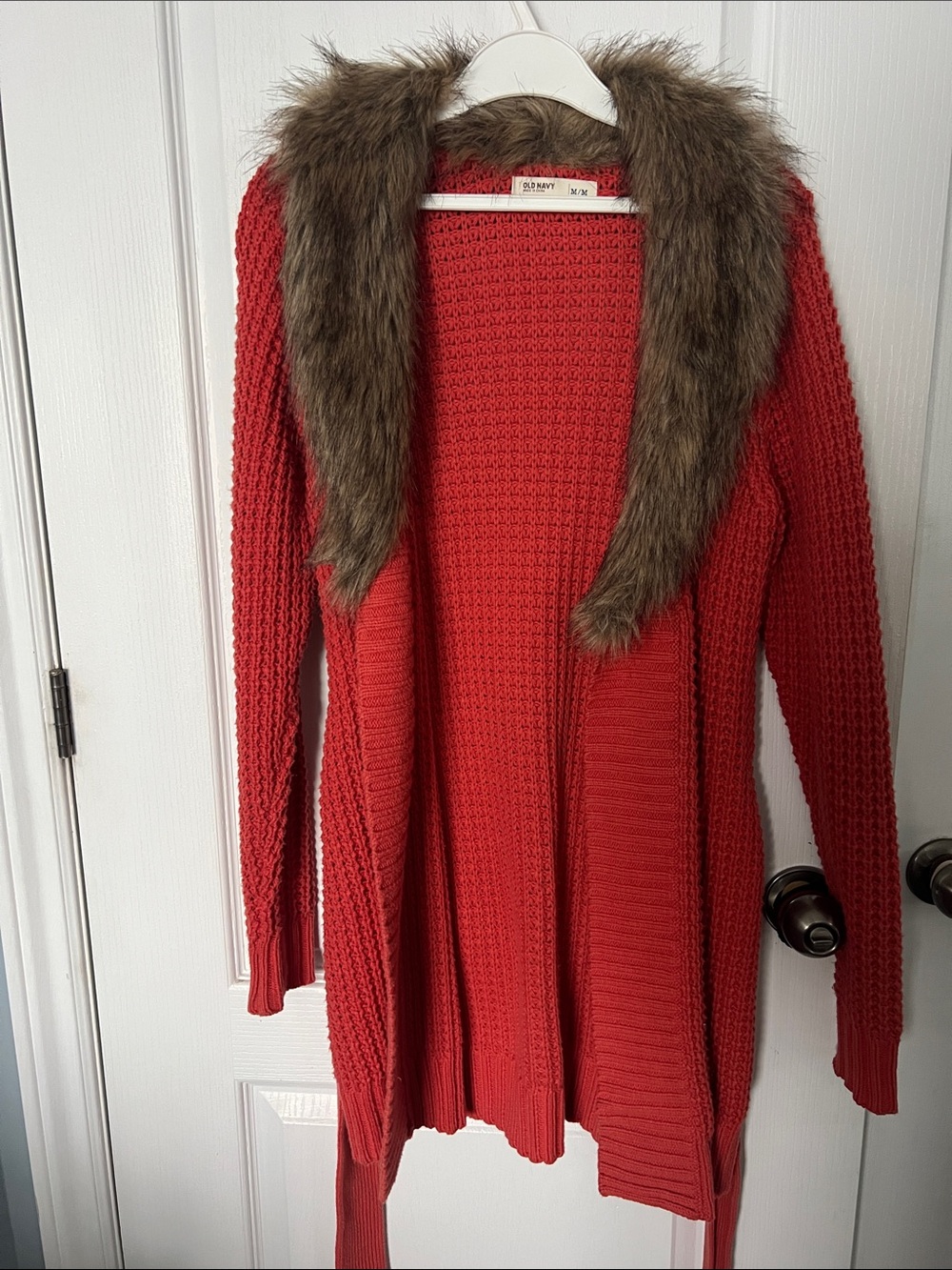 Old Navy Coral-Red Open Cardigan with Faux Fur Trim